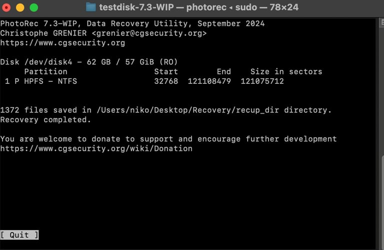 PhotoRec running against the failed SD card